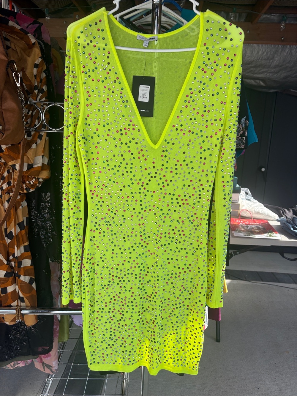Fashion Nova Neon Yellow Embellished V-Neck Long Sleeve Dress